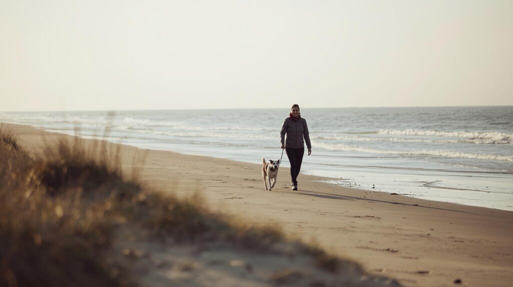 Eine Frau mit Hund am Strand in Dänemark