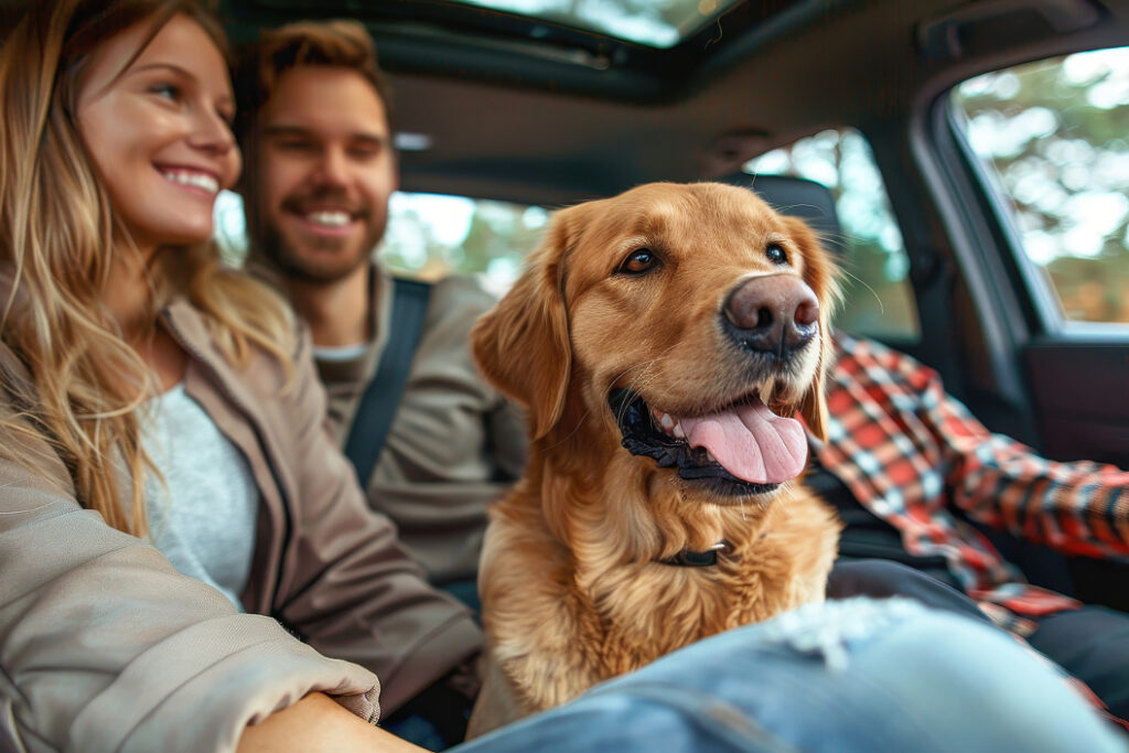 Hund fährt gemeinsam mit einer Frau und zwei Männern in einem Auto in ein Ferienhaus nach Dänemark zu Himmelfahrt oder Pfingsten