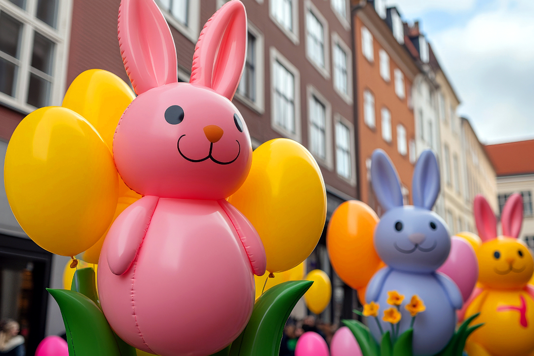 Dekoration zu Ostern 2025 mit bunten Plastikhasen und Blumen in den Straßen von Kopenhagen in Dänemark